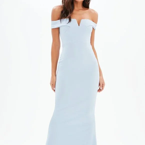 Missguided Dresses Blue Bardot Scuba Fishtail Maxi Dress - Main Image
